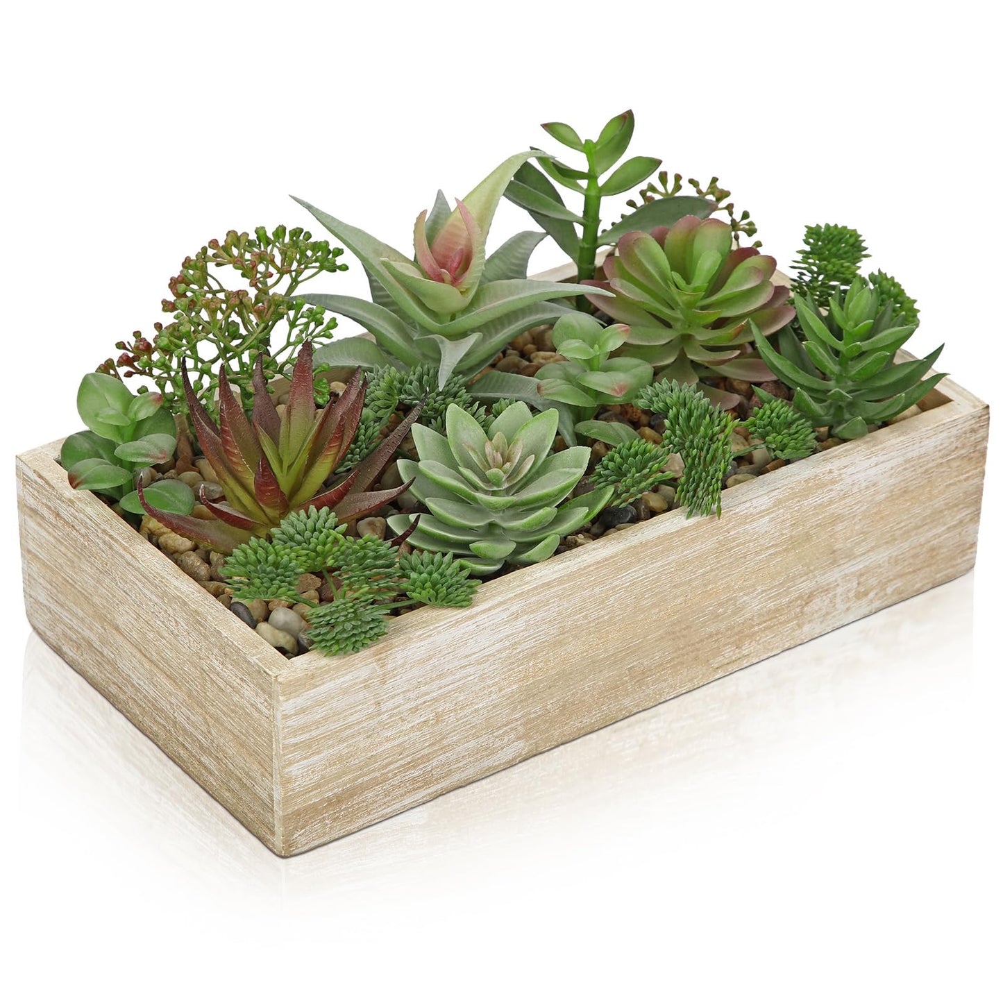 Artificial Succulent Plants in Pot 10 Inch Fake Succulent Arrangement Potted Succulents Plants Centerpiece in Rectangular Wooden Planter for Home Office Desk Shelf Living Room Bedroom Farmhouse Decor