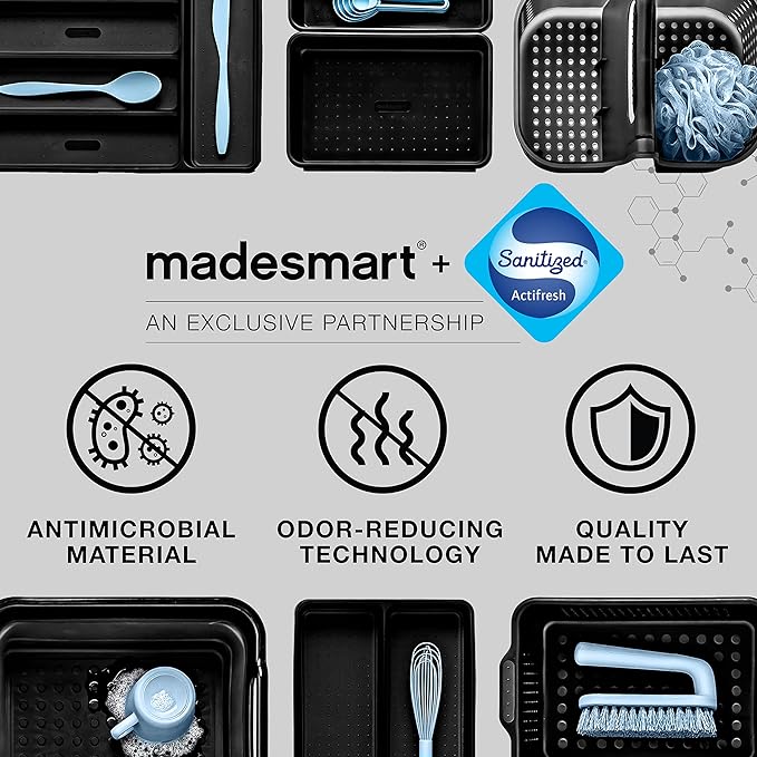 madesmart Premium Antimicrobial Classic Mini Utensil Tray Soft Grip, Non-Slip Kitchen Drawer, Multi-Purpose Home Organization, EPA Certified, 2 Compartments, Carbon