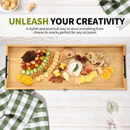 GLOKUUCA Large Charcuterie Board with Handles, 32 x 12 Inch Foldable Bamboo Serving Cheese Boards - Serving Platter for Meat, Party Appetizers, Outdoor & Fruit