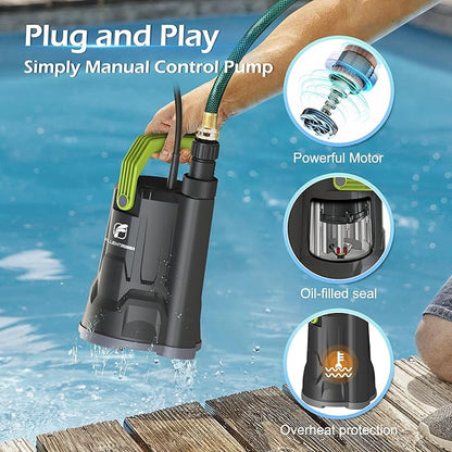 FLUENTPOWER Sump Pump, 1/2HP Submersible Water Pump, 2500GPH Utility Pump Manual Control for Swimming Pool Garden Pond Basement Draining, with 16.4Ft Cord, Adapters, Check Valve and Rope
