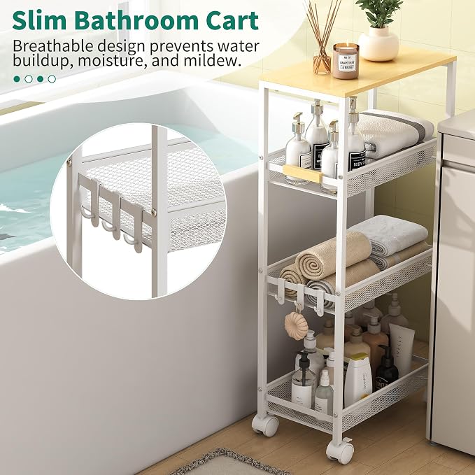 Utility Slim Storage Cart, 4 Tier Rolling Cart with Wheels, Laundry Shelves with Wood Top, Narrow Cabinet for Bathroom Organization, Small Organizer for Kitchen, Office and Dorm (White, 9.1'')