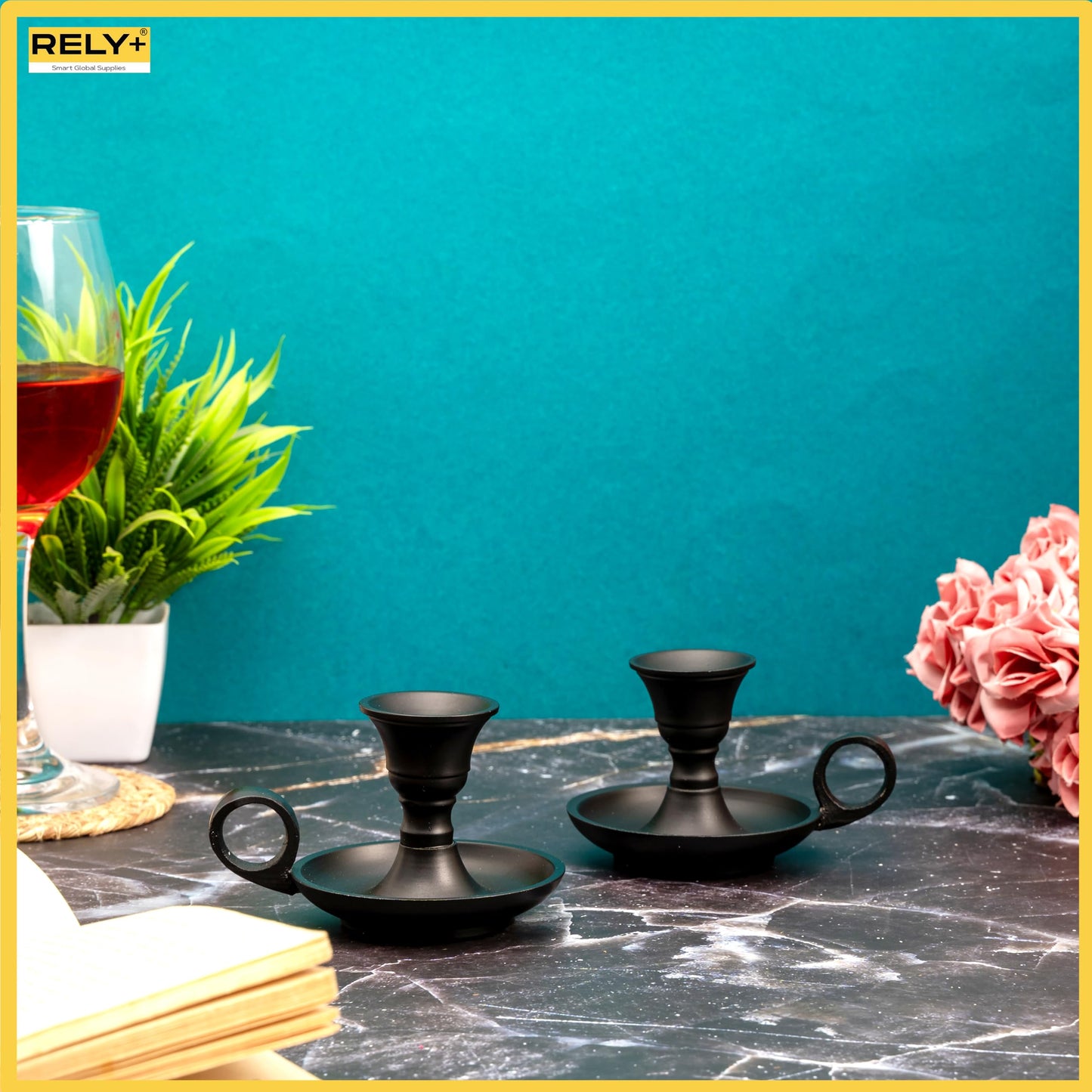Rely+ Candle Holders with Handle for Taper Candlestick Set of 2 Modern Decor for Home Table Centerpiece for Wedding Parties Dinners Decorations (Black Matte Metal)
