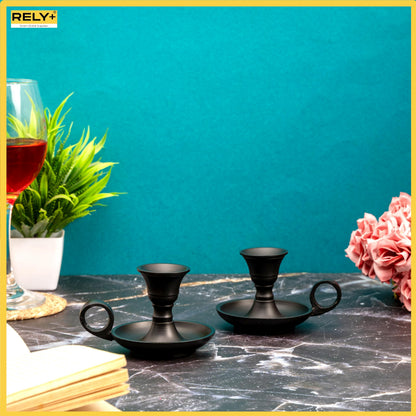Rely+ Candle Holders with Handle for Taper Candlestick Set of 2 Modern Decor for Home Table Centerpiece for Wedding Parties Dinners Decorations (Black Matte Metal)