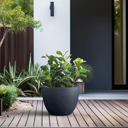 Kante 14.2 Inch Round Concrete Planter - Classic Large Indoor/Outdoor Plant Pot with Drainage Hole and Rubber Plug, Suitable for Gardens and Patios, Charcoal