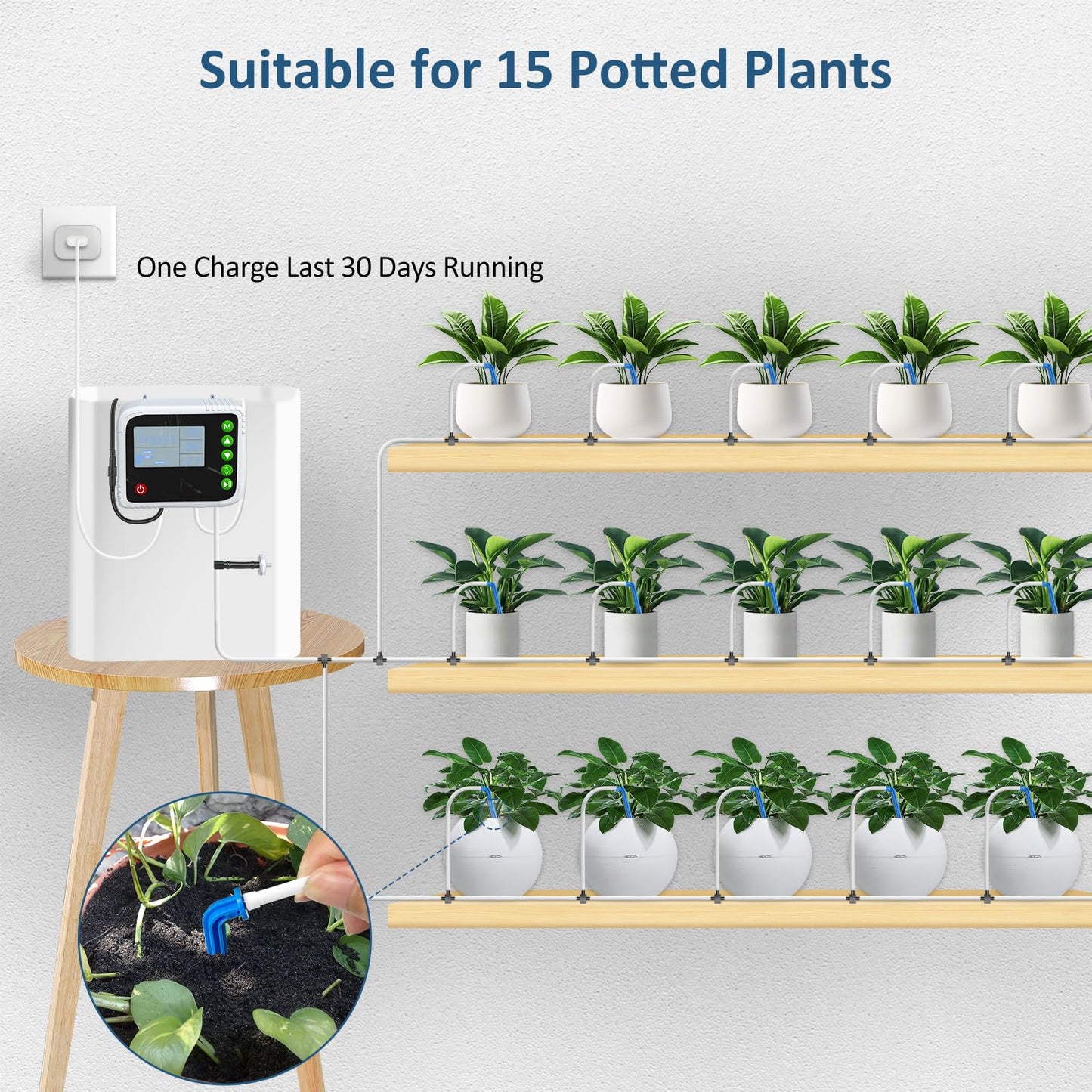 SoulBay Automatic Plant Waterer Indoor, USB Rechargeable Drip Irrigation Kit for up to 15 Potted Plants, Programmable Self Watering System with Digital Timer for Vacation & Houseplant Care