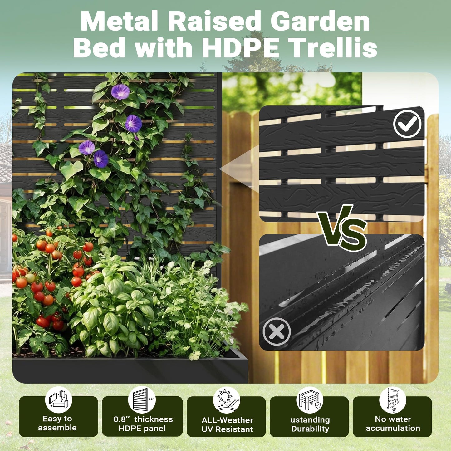 seethmi Metal Raised Garden Bed with HDPE Trellis, 45"x16"x59" Planter Box for Vegetables & Climbing Plants, Outdoor HDPE Privacy Screen Planter with Drainage Holes for Patio, Backyard, Garden