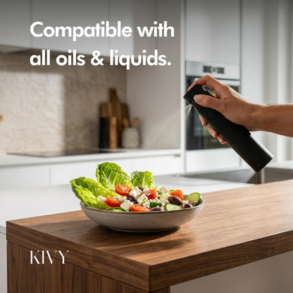KIVY Glass Oil Sprayer Set of 2 for Cooking, Salads, BBQs & Airfryer – Innovative Spray with Portion Control - Oil Spray Bottle with Stainless Steel Body - Olive Oil Sprayer - Cooking Oil Mister
