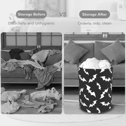 Halloween Bats Collapsible Laundry Basket,Black Bat Bedroom Waterproof Laundry Hamper,Bathroom Large Storage Bag,College Dormitory Living Room Nursery Organizer Toy Bin 16" x 20"