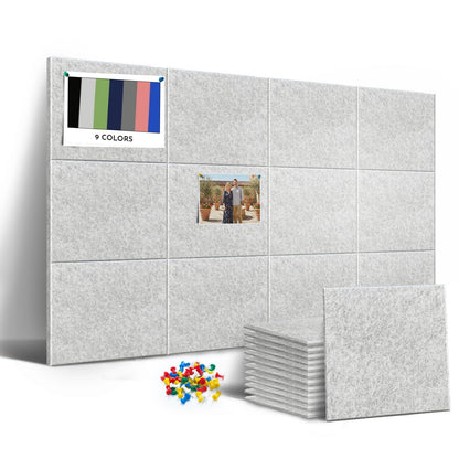 MISSDAY Light Grey Acoustic Wall Panel Large Felt Bulletin Board 48" x 36" Cork Board for Wall, 12-Pack Boards with 72 Adhesive Tabs, 50 Pins, Pin Board for Home Office Classroom Soundproof Wall Tile
