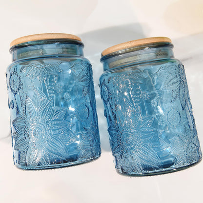 Custde Glass Storage Jars With Airtight Lid, 23.7oz Canister For Kitchen Counter with Bamboo Lid, brown sugar, candy, coffee, cookie, salt, tea,pantry cute Jar (Blue 2-Pack, 23.7 fl oz)