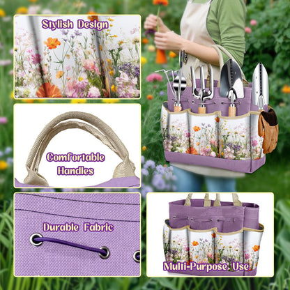 Gardening Tools 9-Piece Heavy-Duty Garden Tools Set, Stainless Steel Garden Hand Tools with Purple Floral Tote Bag and Repotting Mat Garden Supplies Kit Gifts for Women