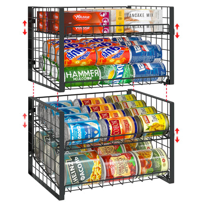 JKsmart 2-Tier Stackable Can Rack Organizer for Pantry, Adjustable Can Dispenser Holds Up to 62 Cans, Can Storage Holder for Various Ounces of Canned Food Soda Drinks, Black, 2 Pack (Petent Pending)