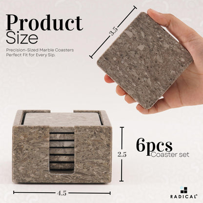 Radicaln Marble Coasters Set of 6 Handmade 3.5" Inch Oceanic Coasters for Drinks, Stylish Square Coaster Set with Holder for Coffee Tables