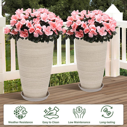 Neoaider Set of 2 Tall Planter, 21 inch Large Plastic Planter with Drain Hole & Saucers, Large Outdoor Planters for Porch, Garden, Patio, Balcony(Oat Color)