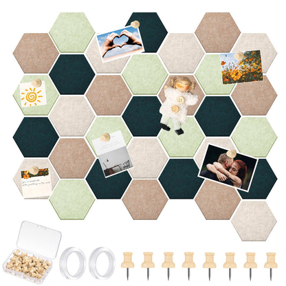 Mindsoft 32 Pcs 6'' x 7'' Hexagon Felt Cork Board Tiles with 50 Wooden Push Pins, Felt DIY Bulletin Board with 4 Tape for Office School Home Wall Decor Stickers Memos Photos Display