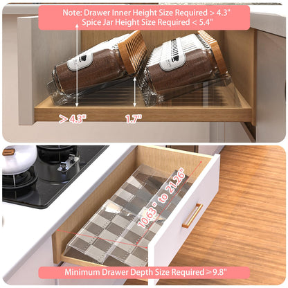 4-Tier Non-Slip Spice Drawer Organizer, 4-Pack Checkered Frosted Clear Acrylic, Expandable (11''-22'') Spice Rack for Kitchen Drawer Storage – Holds Seasonings, Herbs, and Spices (Jars Not Included)