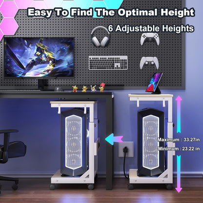 Height Adjustable Computer Tower Stand with Charge Station and USB Charging Port, 2-Tier ATX-Case Cart, Under Desk Mobile PC Stand, CPU Holder Cart with Locking Caster Wheels for Fits Most PC