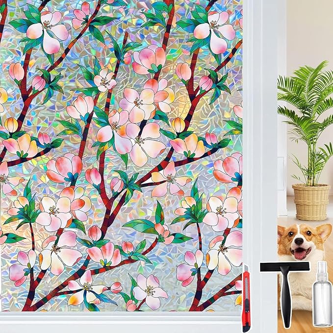 Rainbow Window Privacy Film Decorative, 3D Decals Stained Glass Clings, Static Cling Sticker, Suncatcher Windows Cover Tint for Home, 35.4 Inch x 157.4 Inch