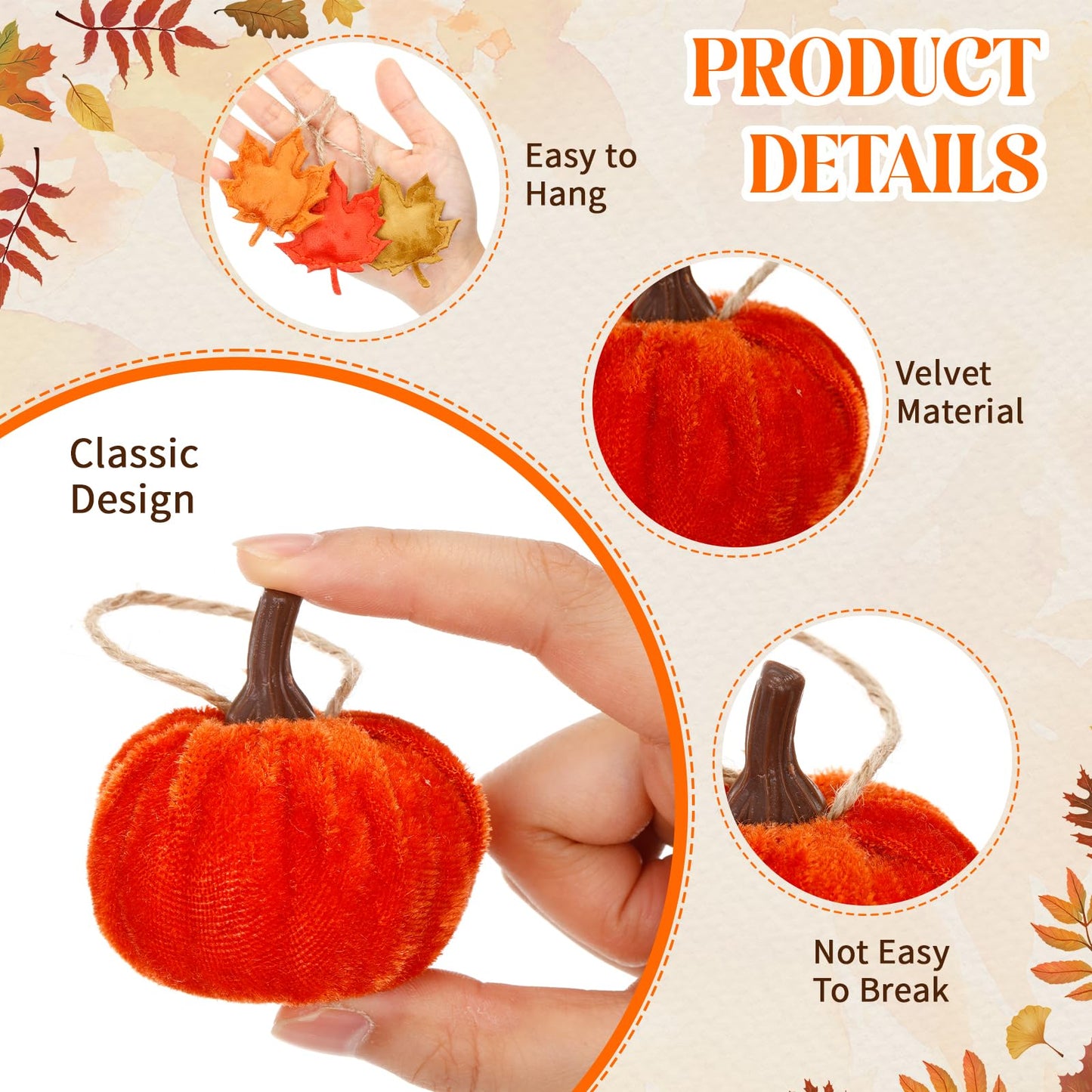 Janinka 20 Pcs Thanksgiving Tree Decoration Velvet 2 Inch Fall Leaves Pumpkin Hanging Ornament Thanksgiving Tree Ornament Velvet Maple Leaf Pumpkin Small Trees Decorations for Farmhouse Harvest Autumn