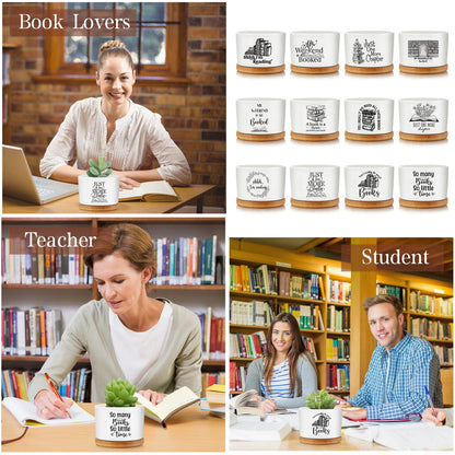 Havawish 12 Pcs Book Lover Gifts Succulent Pots Ceramic Bookworm Planter Pot with Bamboo Tray Bookish Succulent Planter Thank You Gift for Women Teachers Employee, Bookshelf Decor