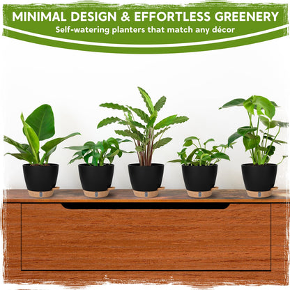 8 Inch Self Watering Pots for Indoor Plants, Plastic Planters with Deep Reservoir & Drainage Holes, Flower Pots for Monstera, Snake Plant & Peace Lily, Worry-Free Vacation Care (Black, 8 inch)