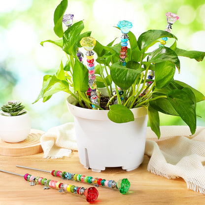 Lineshading 6 Sets Beaded Garden Stakes Kit, Rose Garden Stakes Accessories with Beads, Crystal Rose Stopper Top, (Classic Color)