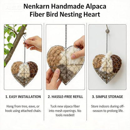 Handmade Alpaca Fiber Bird Nesting Heart - Weather Resistant Wild Bird Nesting Material Holder with Refillable Soft Fibers and Hanging Chain for Hummingbirds, Finches & Wrens (7.1*7.1*2.8in)