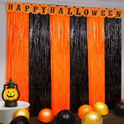 4 Pack Black and Orange Tinsel Foil Fringe Curtains, Halloween Party Photo Backdrop Streamers Backdrop for Birthday Anniversary Party Halloween Party Decoration