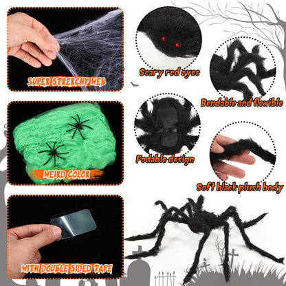 Hiboom Trunk or Treat Halloween Car Decoration Spider and Tombstones Set Including 2 Tombstones 3 Hairy Spiders 60 Little Realistic Spider White Cotton Web Green Cotton Web Spider Egg Sack
