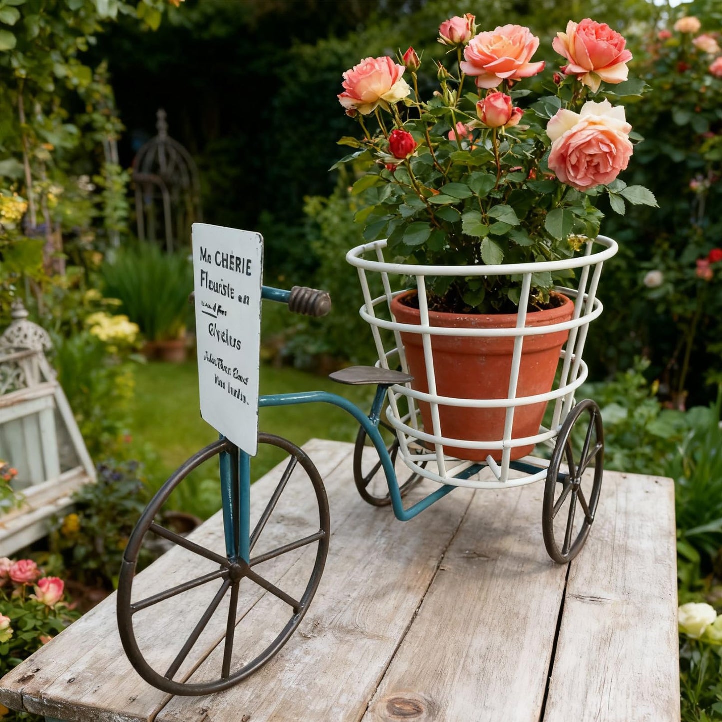 JAMIEKA Beautiful Iron Tricycle Flower Pot Holder Container with Deep Basket for Living Room Indoor Outdoor Garden Decoration