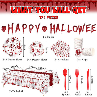 Peryiter 171 Pcs Halloween Party Supplies Disposable Tableware Set Halloween Plate Cup Napkin Spoon Fork Knives Banner Plastic Tablecloth Dinnerware Kit for Party Decorations Serves 24 (Bloody Zombie)
