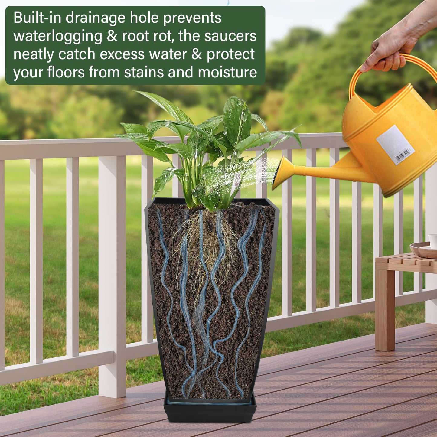 Neoaider Set of 2 Lightweight Ceramic-Look Tall Planter, 21 inch Large Plastic Planter with Drain Hole & Saucers, Large Outdoor Planters for Porch, Garden, Patio, Balcony(Dark Green)