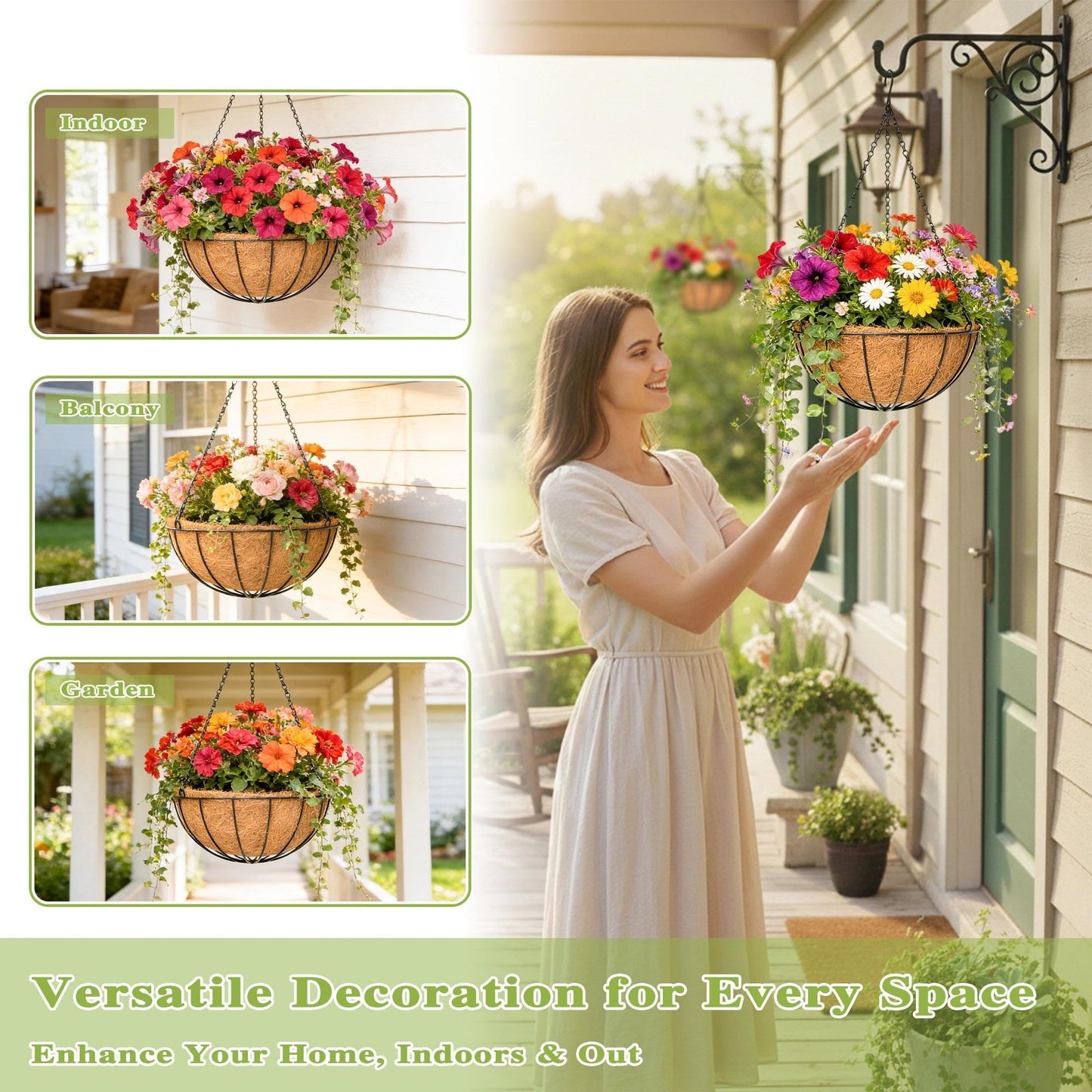 Qusuxi 4 Pack 12 Inch Hanging Baskets for Plants Outdoor Metal Hanging Planter Hanging Flower Baskets with Coco Fiber Liners Chain Round Wire Plant Holder Hangings Flower Pots(Watermelon)
