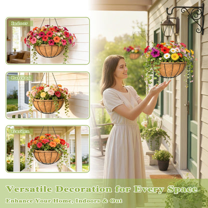 Qusuxi 4 Pack 12 Inch Hanging Baskets for Plants Outdoor Metal Hanging Planter Hanging Flower Baskets with Coco Fiber Liners Chain Round Wire Plant Holder Hangings Flower Pots(Watermelon)