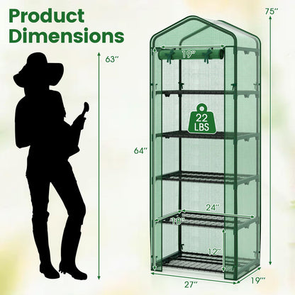 Giantex Mini Greenhouse Indoor Outdoor, 27" x 19" x 75" Portable Plant Grow House with 5 Tier Shelves, PE Cover, Roll-Up Zipper Door, Rustproof Elector-Coating Metal Frame for Patio Balcony Garden