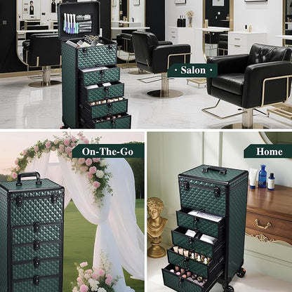 Yueieoun Nail Salon Cart with 4 Drawers,Rolling Makeup Train Case for Beauty,Cosmetology Case on Wheels Trolley Cart,Lockable Organizer Travel Case for Manicure/Face Painting/Hairstylist,DARK GREEN