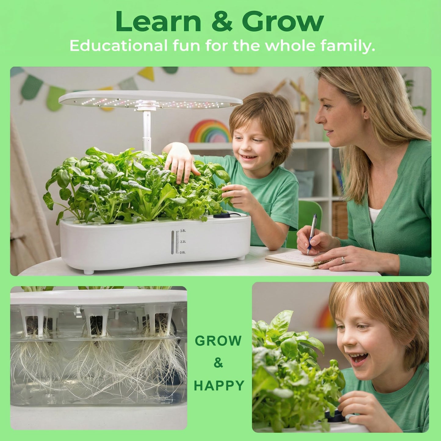 Hydroponics Growing System Kit, Soil-Free Indoor Herbs Garden, 12 Pods Plant Growth Equipment with 24W Full Spectrum LED Grow Light, Smart Silent Cycle Water Pump, 3.8L Tank for Gardening