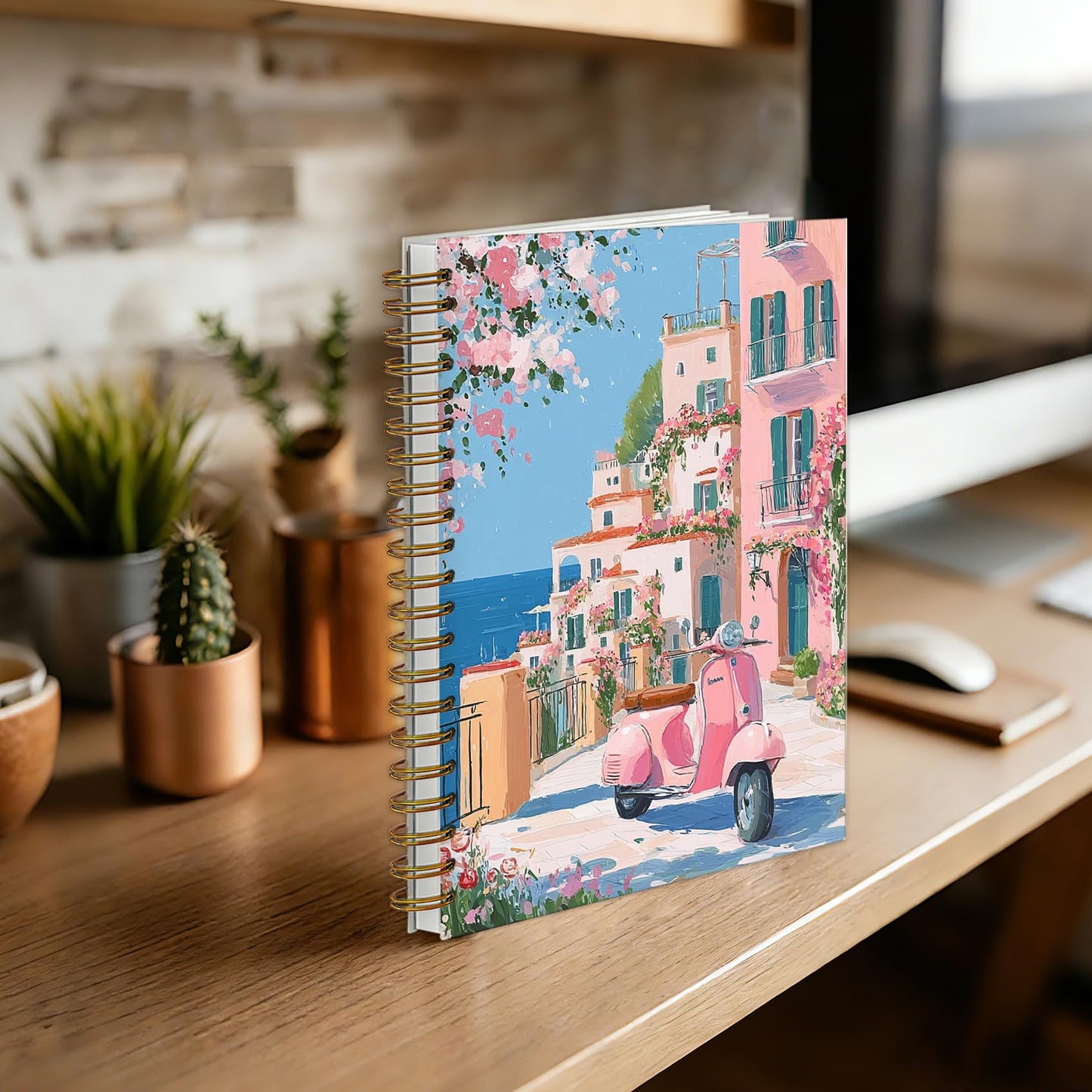sdfkmlcdl Pink Amalfi Coast Beach Spiral Notebook, Italy Mediterranean Coastal Journal for Women, Traveler Gifts, Romantic Italian Summer Landscape Hardcover Journal, 5.5x8.3
