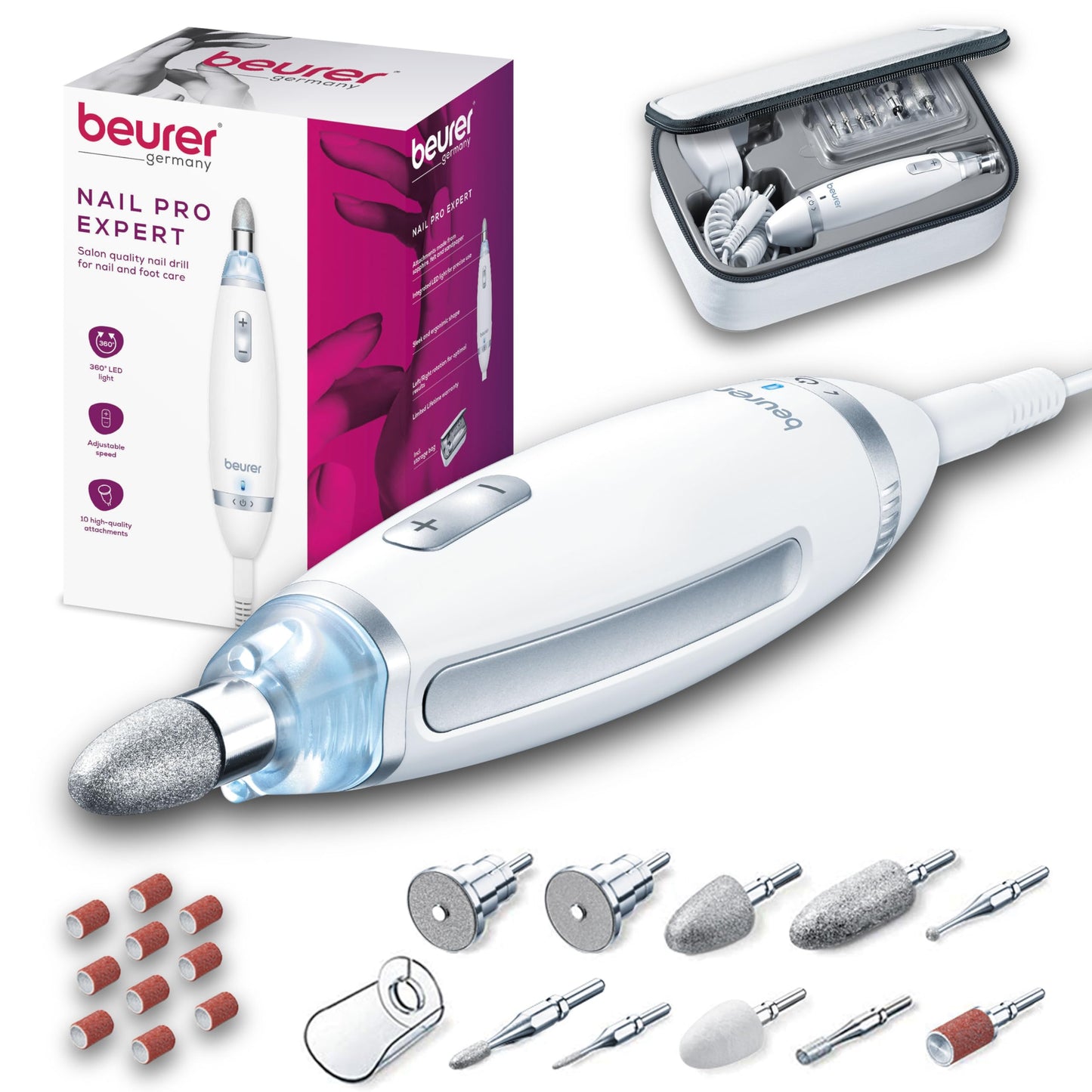 Beurer MP64 Nail Drill Kit, Cordless Electric Nail File with 10 Attachments and LED Light, Electric Manicure Set with Adjustable Speed, E-File for Manicure and Pedicure, with Storage Case