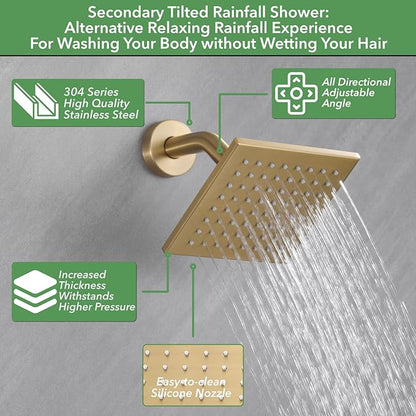 VANFOXLE Shower Faucet Set Brushed Gold Shower System, Push Button Diverter Shower Faucet with Trim Kit, Ceiling Mount 10 Inch Shower Head Increased Thick, 6 Inch Side Shower Head, 2-in-1 Handheld