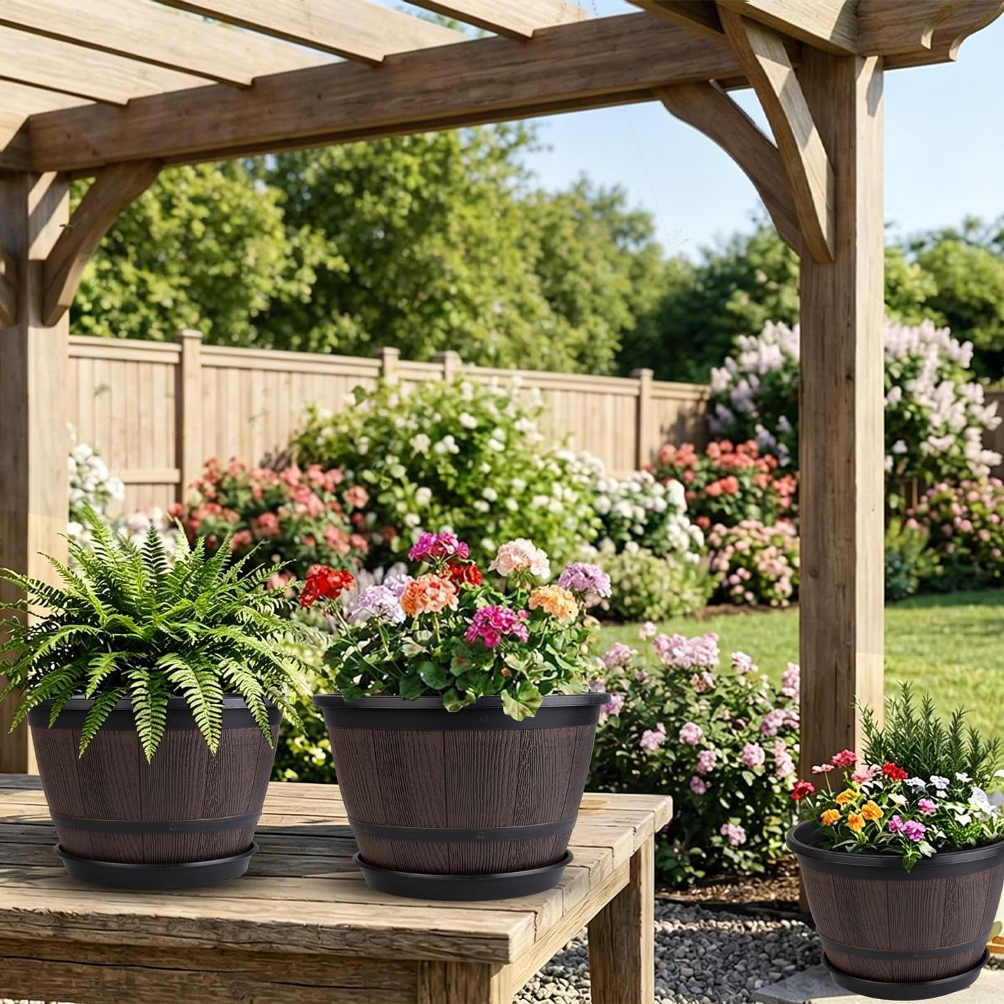 Myfeegoin 10-inch-Pots-for-Plant-Outdoor, 4 Pack Plastic Whiskey Barrel Planters Plant Pots with Drainage Hole & Saucer, Decorative Indoor Flower Pot for House Garden Porch