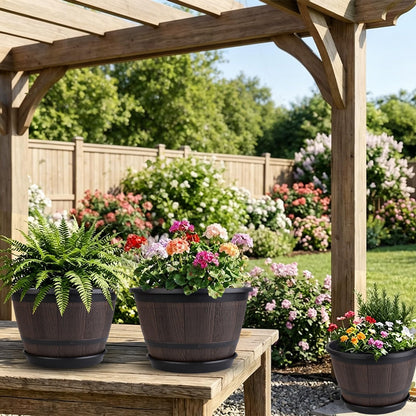 Myfeegoin 10-inch-Pots-for-Plant-Outdoor, 4 Pack Plastic Whiskey Barrel Planters Plant Pots with Drainage Hole & Saucer, Decorative Indoor Flower Pot for House Garden Porch