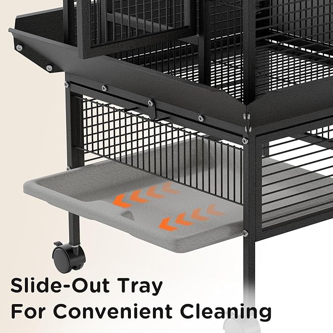 60 Inch Wrought Iron Large Bird Cage with Rolling Stand, Metal Parrot Cage with Play Top & 4 Stainless Steel Bowls for African Grey Cockatiel Sun Parakeet Green Cheek Conure Lovebird Budgie, Black