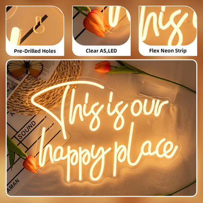 NOSUN This is Our Happy Place Neon Sign,Neon Signs for Wall Decor Happy Place Warm White LED Light Room Decor for Bedroom Classroom Man Cave Home Bar Birthday Party Decor Neon Classroom Sign Dimmable USB Power