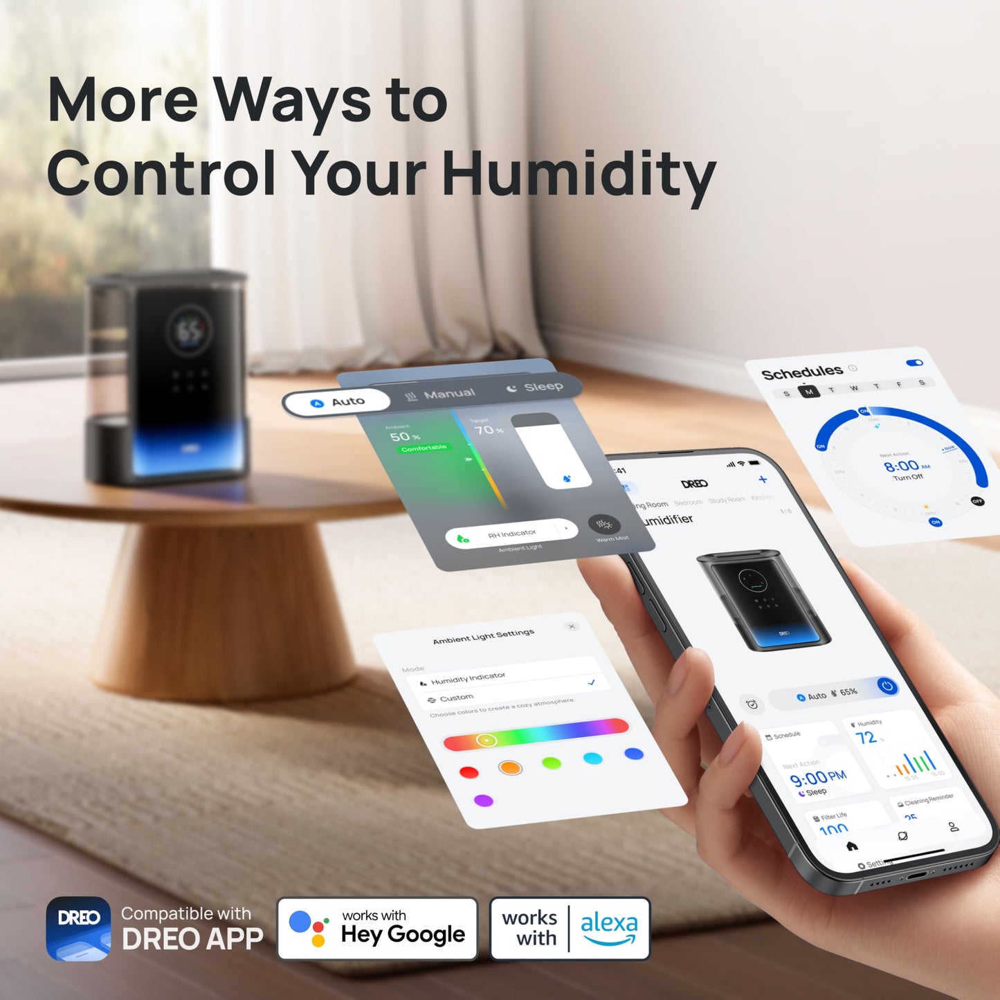 Dreo 8L Smart Humidifier Large Room 600ft², HM717S, 80H Runtime Supersized Warm and Cool Mist Humidifiers for Bedroom Baby, 28dB Quiet Air Humidifier for Plants Indoor, Home, Whole House, Silver