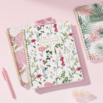 SUNEE Teacher Planner 2026-2027 Academic Year, 7 Periods Lesson Plan Book Jul 2026 - Jun 2027, 8.5"x11"Daily Weekly Monthly Organizers Horizontal Layout with Calendars, Bookmark, Tabs, Pocket, Peony