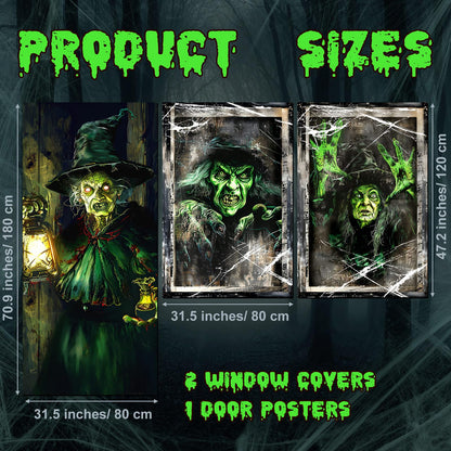 Fanfanwin 3 Pcs Halloween Window Door Covers Set Halloween Scary Window Curtain and Door Cover Spooky Silhouette Props Poster for House Decor(Witch)