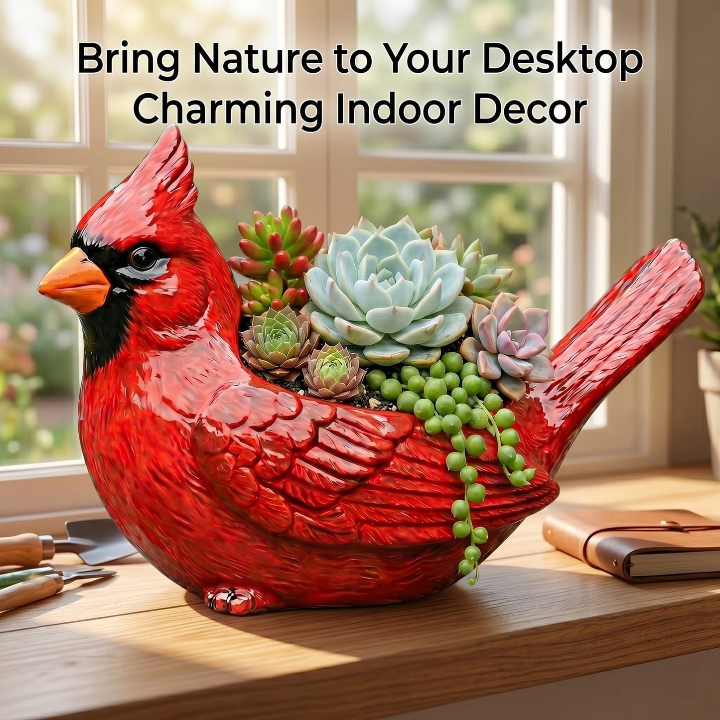 Cardinal Planter Red Resin, Cardinal Bird Succulent Planter with Drainage Hole, Animal Planters for Outdoor Indoor Plants, Cute Decorative Flower Pot for Garden Desk Decor, Bird Lover Gifts