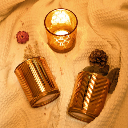 Toptime Tea Lights Candle Holder, Gold Votive Candle Holders Set of 3, Glass Tealight Holders with Geometric Stripe Wave Pattern, Centerpiece Table Decorations for Wedding Birthday Party Supplies
