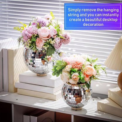 Romooa 4 Pcs 6/8 Disco Ball Planter Hanging Disco Ball Plant Hanger with Chain Hook and Ring Stand, Mirror Flower Pot for Indoor and Outdoor Plants 70s 80s Party Room Decorations, Sliver
